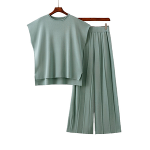 Conjunto de Pantalones Anchos Plisados y Top de Punto sin Mangas para Mujer, Color Sólido, Corte Holgado, Cuello Redondo, Tela Modal, Ropa Casual de Primavera/Verano - Product Image 1