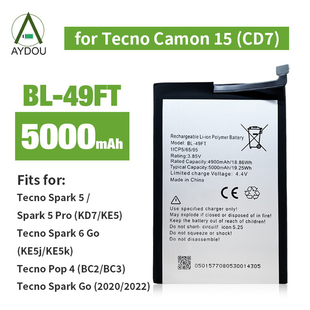 AYDOU Lithium Mobile Phone Battery BL-49FT Tecno Camon 15 CD7 5000mAh Rechargeable 3.75V 12-Month Warranty in Stock