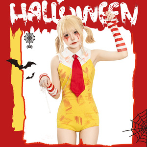 Body de payaso amarillo para mujer con corbata roja y guantes a rayas para disfraz de cosplay de fiesta de Halloween, conjunto de punto elástico para mujer - Product Image 2