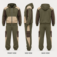 Ensemble jogging homme personnalisé avec sweat à capuche zippé, color block, 2 pièces, en molleton mélangé coton, avec poches cargo, pour tenue décontractée quotidienne