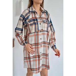 Vestido Camisero a Cuadros Naranja al por Mayor, Cintura Holgada, Cuello Vuelto, Tejido, Estilo Casual Diario, Lavable - Product Image 1
