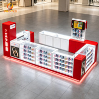 Diseño Interior de Tienda de Celulares con Estilo Recto Rojo y Blanco, Kiosco de Accesorios para Teléfonos con Iluminación LED y Caja de Luz con Logotipo