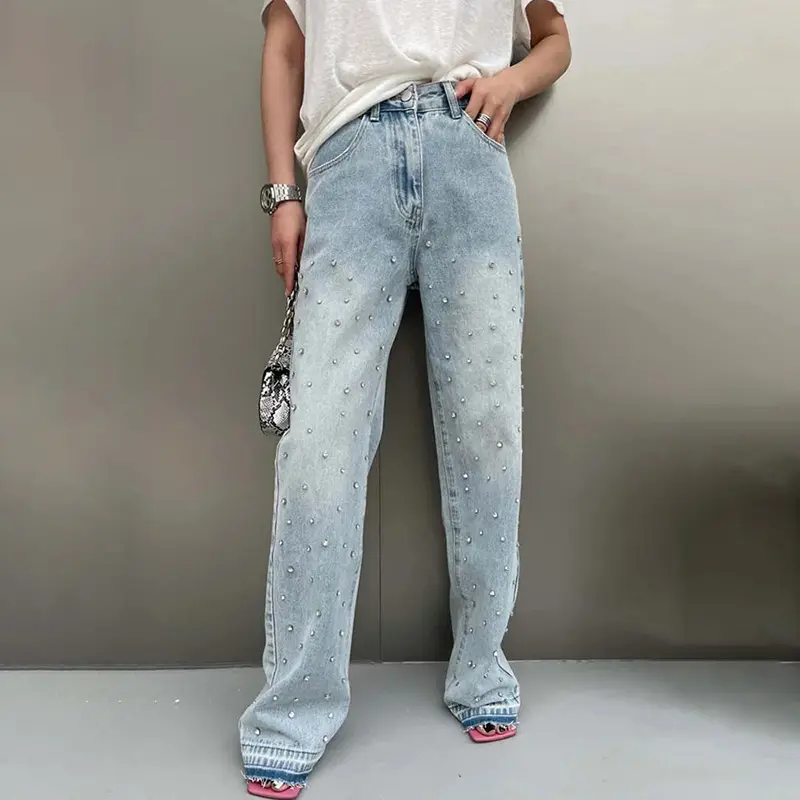 Jeans wanita mutiara bertatahkan pinggang sedang, Retro serba guna grosir butik 2024