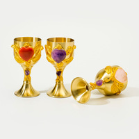 Calice en laiton incrusté de cristal naturel en forme de cœur, feuille dorée, pour la décoration de l'autel, ornement de la maison, cadeau spirituel