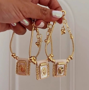 Gioielli Cattolici Religiosi Placcati <span class=keywords><strong>Oro</strong></span> Ciondoli Croce di San Benito Gesù Vergine Maria Pendente in <span class=keywords><strong>Madreperla</strong></span> Bracciali - Product Image 1