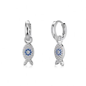 Dylam Summer Ocean Style New Arrival Designer Fine Jewelry S925 <b>Silver</b> Sapphire 5A Zirconia Fish Shape Dangle <b>Hoop</b> Earrings - Product Image 1