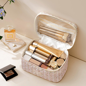 Quilted Makeup <b>Bag</b> Large Cosmetic Travel Case for Women Soft Cotton Toiletry Organizer Skincare Brushes Accessories Storage - Product Image 4