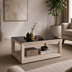 Table basse rectangulaire moderne en verre noir avec finition imitation bois et étagère de rangement ouverte - Product Image 3