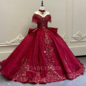 XS306 <b>Glitter</b> <b>Red</b> Off Shoulder Sequined Beaded Party Women's Quinceanera Evening Gowns Dresses - Product Image 3