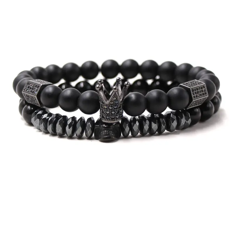 Hot Style Punk 2Pcs/Set Men's Elastic 8mm Matte Black StoneJewelry Micro Pave Black CZ Crown Skull Men Bracelet Set