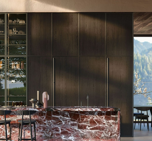 Gabinete de Cocina Moderno de Madera de Palisandro con Encimera de Mármol Rojo y Estante de Exhibición de Vidrio - Product Image 1