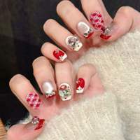 Ongles courts exquis de Noël, motif nœud mignon, ciel étoilé rose, strass, cristal empilé, effet œil de chat, transparents, forme carrée/en C/en tube, 5,0 cm