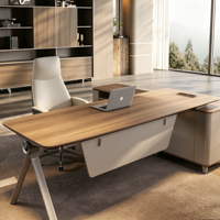 Escritorio Ejecutivo de Lujo para CEO, Muebles de Oficina de Madera y Cuero con Archivador y Librero