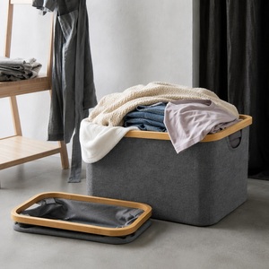 Cesto de Ropa Plegable Rectangular con Borde de Bambú y Asa, Cesto de Almacenamiento para Guardería, Cesto de Lavandería Plegable de Tela Oxford - Product Image 1