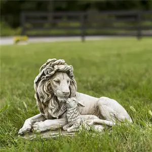 树脂/大树脂动物狮子和羊肉大 20 英寸灰色石头完成花园雕像