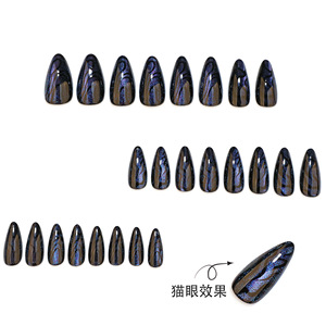 24 Uds. Uñas postizas brillantes de almendra ojo de gato, uñas usables brillantes, productos de uñas negras, arte de <span class=keywords><strong>manicura</strong></span>, cubierta completa, reutilización extraíble - Product Image 2