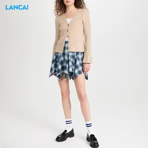 New Design Women Hanky Hem Plaid Mini Skirt Handkerchief Hemline Smocked Back Waistband A-line Silhouette Pull-on Style Skirt