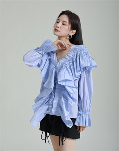 2023 Spring Fashion Women's Blouses &amp; <strong>Shirts</strong> Cute <strong>Frilly</strong> Ruffled V-neck Loose Bell Sleeves Long-sleeved Blouse - Product Image 2