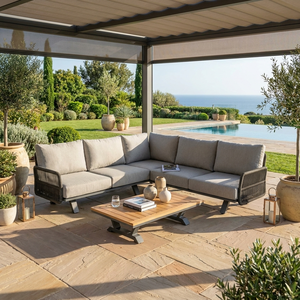 Juego de Sofás de Exterior en Forma de L, Moderno y de Lujo, con Cojines de Olefina de 13 cm de Grosor, <span class=keywords><strong>Muebles</strong></span> de Esquina con Cuerda de Aluminio Tejida, Mesa de Madera Plástica - Product Image 1
