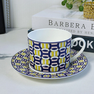 Hot Sale European Luxury Yellow and Blue Checkered Porcelain Coffee Cup & Saucer <b>Set</b> with Gift Box - Product Image 1