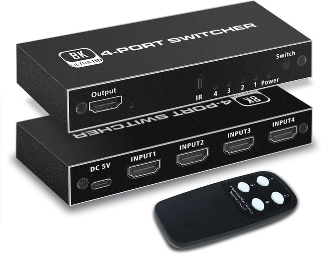 HDMI2.1 8K HDMI Switch 4 in 1 Out, 4 Port HDMI Switcher Selector Supports 8K/60Hz 4K/120Hz 1080P/240Hz
