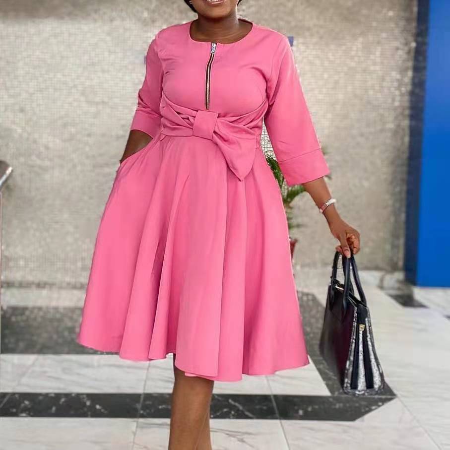 Новое поступление 2021, модное Повседневное платье на молнии с бантом и высокой талией, Женская офисная одежда, летние платья