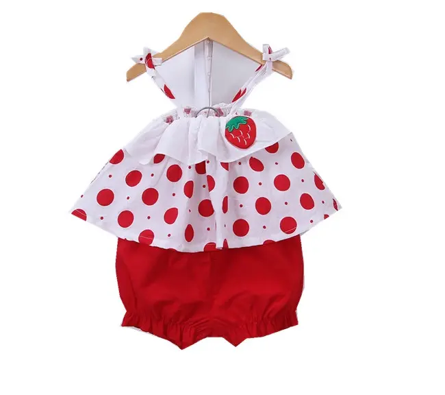 Son tatlı sevimli çilek nakış bebek kız kolsuz giysi butik Online güzellik sun-top seti