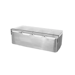 صندوق توابل حديث من الفولاذ المقاوم للصدأ مكون من 4 أقسام مجموعة تخزين توابل ذات جودة فندقية مجموعة متعددة في المطبخ على شكل مستطيل