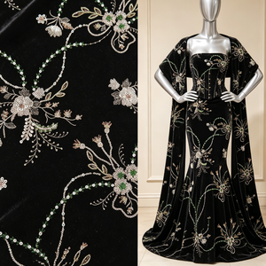 Tissu en <span class=keywords><strong>velours</strong></span> <span class=keywords><strong>noir</strong></span> A920 avec broderie florale perlée or et argent, matière de <span class=keywords><strong>velours</strong></span> pour robe de soirée de luxe richement perlée - Product Image 6