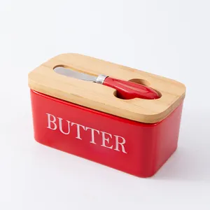 Western Fresh Cheese Box Porcelain Set Bamboo And Wood Lid Ceramic Butter Box With Knife Sealed Tank Butter Box