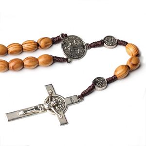 Collier chapelet en bois, cadeaux catholiques, chapelets religieux, perles de prière 8*10mm, croix chrétienne catholique, bijoux Jésus-Christ - Product Image 4