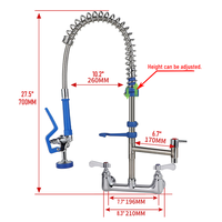 Robinet de cuisine commercial classique en acier inoxydable 304 avec tuyau intégré + laiton, pré-rinçage, 2 trous, pulvérisateur flexible de qualité alimentaire, mur, salle de bain