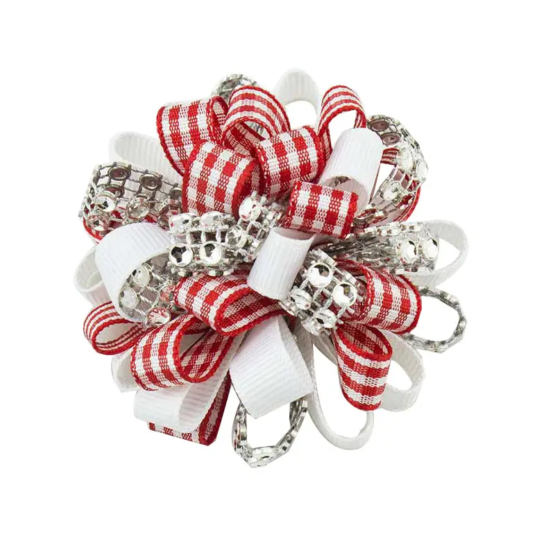 2.5''rhinestone Loopy Puffs Hairclip Gingham Plaid Hair Bows Clips