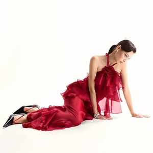 Elegante abito da donna con scollo a V lungo arruffato in Chiffon lavorato a maglia alla moda per le <span class=keywords><strong>vacanze</strong></span> invernali in tinta unita - Product Image 1