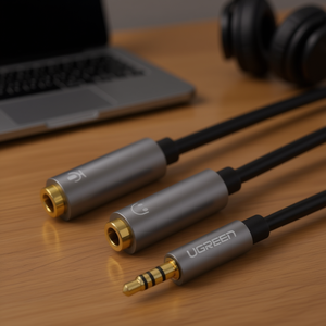 Câble séparateur audio Ugreen 3,5 mm, 2 sorties femelles, 30 cm noir avec logo métallique, pour écouteurs et casques, câble en plastique avec - Product Image 2