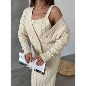 Three Piece Knitwear Set Women's <b>Sweater</b> Cardigan And Skirt Bone Color S Size <b>Cable</b> <b>Knit</b> Cozy Outfit - Product Image 2