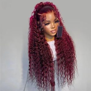 Vente en gros sans colle bordeaux vin rouge crépus bouclés cheveux humains dentelle frontale perruque vague d'eau tisse et perruques cheveux brésiliens péruviens - Product Image 4