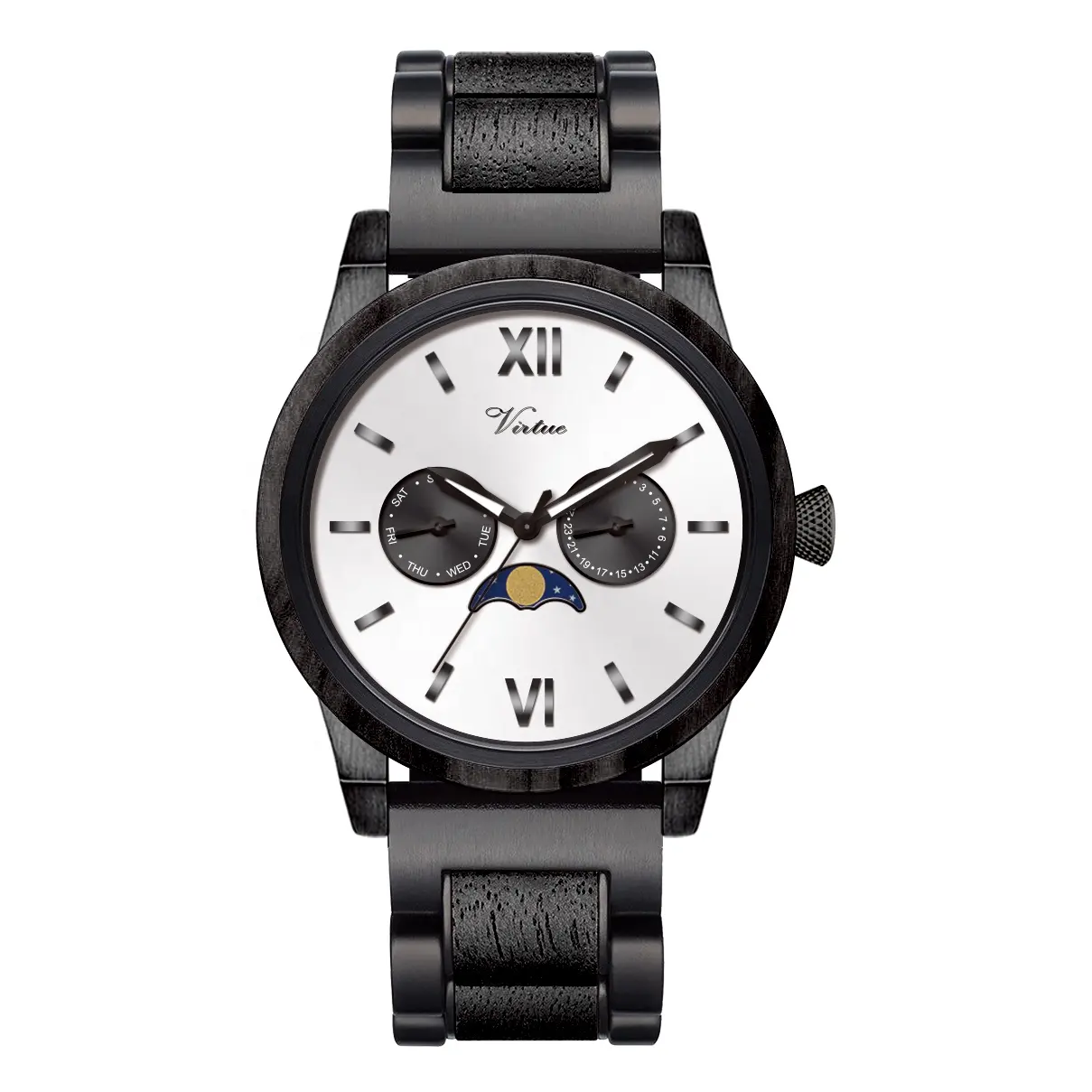 2021 New High Quality Luxury Calendar Reloj Wooden Fashion Metal OEM Stainless Steel Mens Moon Phase Watch Custom Quartz Watches