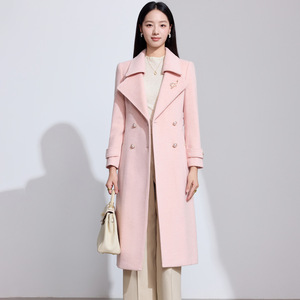 Women's Wool <b>Coat</b> Mid Length Double Breasted With <b>Belt</b> Solid Color Autumn Winter Woven Fabric - Product Image 3