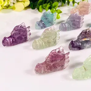 Bán buôn tinh thể tự nhiên thủ công mỹ nghệ động vật chạm khắc đầy màu sắc fluorite Rồng Đầu khắc cho trang trí nội thất