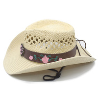 Chapeau de cowboy occidental en paille tressée à la main pour femme, avec bandeau brodé floral et perles, large bord, idéal pour la plage et les voyages, protection solaire estivale