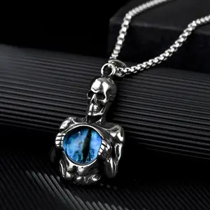 Newest Creative Fashion Vintage Punk Titanium Steel Skull Blue Devil's Eye Sapphire Gem Necklace For Men Women