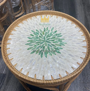 Boho Handwoven Rattan Side <b>Table</b> Mother of Pearl Top <b>Round</b> Small Coffee <b>Table</b> <b>Bedside</b> Nightstand for Home Decor - Product Image 3