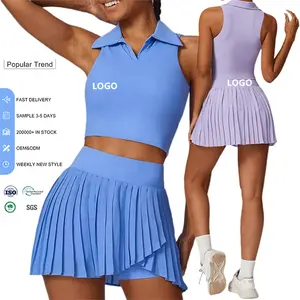 Damen OEM Sommer Outdoor Freizeit Polo ärmelloses T-Shirt Laufrock Sport Fitnessanzug atmungsaktiv Yoga Tennis Röcke Sets