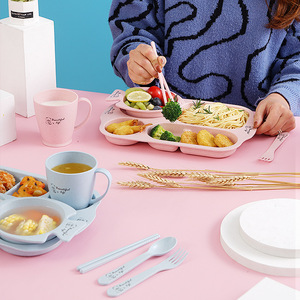 <span class=keywords><strong>Caja</strong></span> De Almuerzo De paja De trigo para niños, juego De platos y vasos infantiles anticaída, vajilla De guardería con cubiertos - Product Image 2