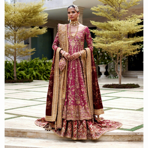 Burgundy Embroidered A-Line Traditional Zipper <b>Lehenga</b> Set Heavy Beaded Wedding Dress Long Sleeve Square Neck Floor Length - Product Image 1