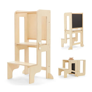 Convertible 2 in 1 <b>Adjustable</b> Modern Toddler Learning Standing Tower Kids Wooden Kitchen Step Stool with Chalkboard - Product Image 1