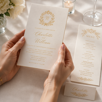 Suite de papeterie de mariage personnalisée en papier ivoire : Invitation, Menu, Carte de remerciement, avec dorure à chaud, pour papeterie de mariage classique, faible MOQ