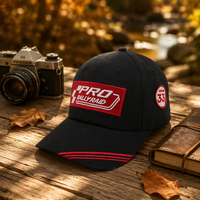 Casquette de baseball vintage noire avec broderie personnalisée rectangulaire rouge et bord incurvé, style Dad Hat avec passepoil rouge