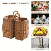 Panier de rangement en plastique tressé style campagnard pour cuisine, gingembre, ail, ustensiles de cuisine, avec poignée, portable, à suspendre au mur, petit panier